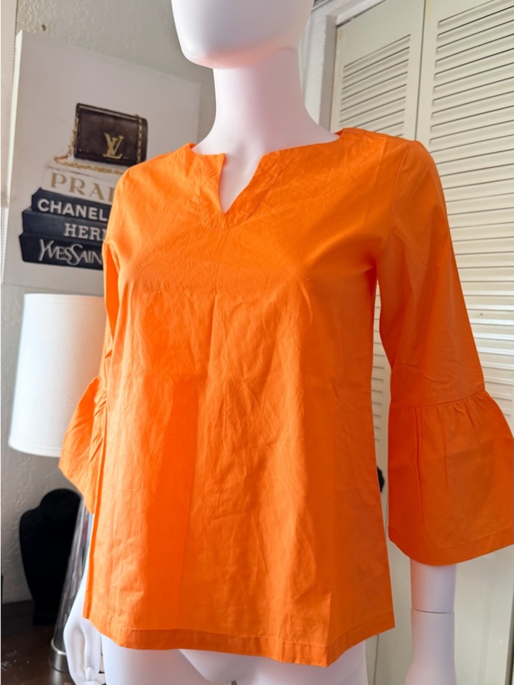 Carvalho Couture Orange Cotton Blouse S NWT Bell Sleeve Flowy Top